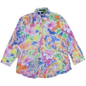 LRL Ralph Lauren Button Shirt Womens L Floral Paisley Watercolor Lightweight Top